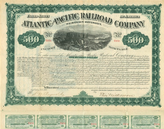 Atlantic and Pacific Railroad Co. - 1880 dated $500 Uncanceled Railway Gold Bond